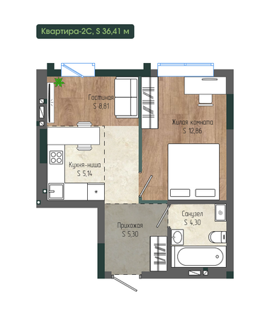 Планировка 2-комн 36,41 м²
