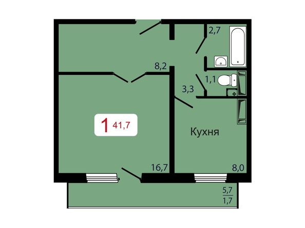 Планировка 1-комн 41,7 м²