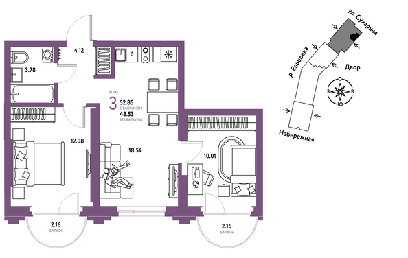 Планировка 3-комн 52,85, 53,24 м²