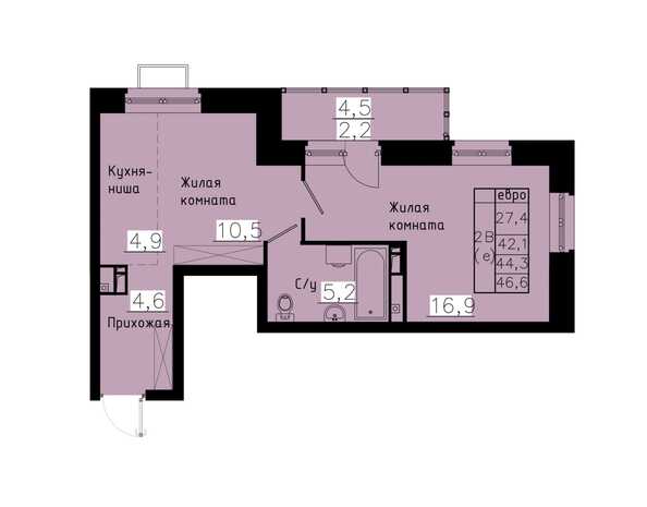 Планировка 2-комн 44,3 м²