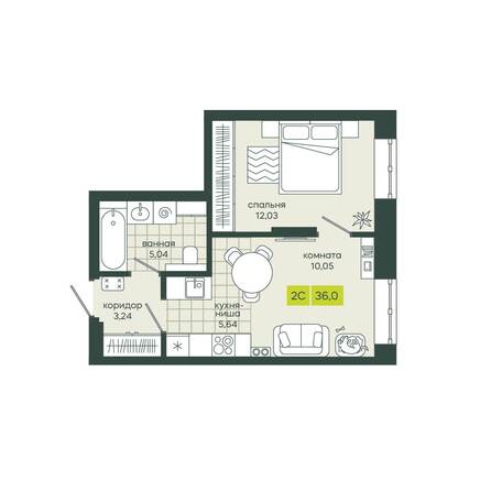 Планировка 2-комн 36 м²