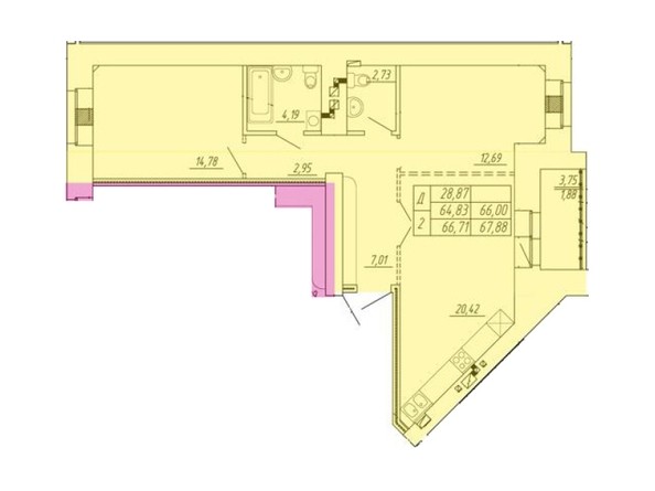 Планировка 2-комнатной квартиры 67,88 кв.м