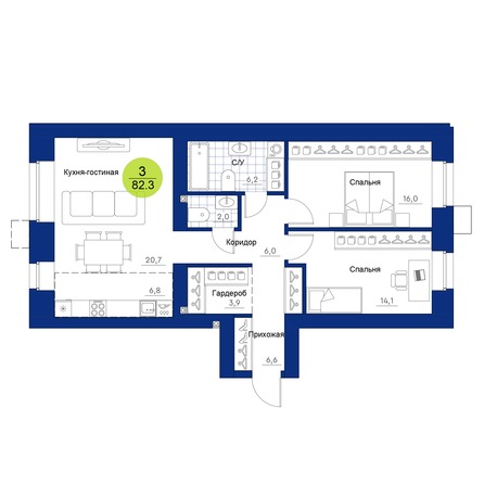 Планировка 3-комн 82,3 м²