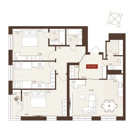 Планировка 4-комн 107,57 м²