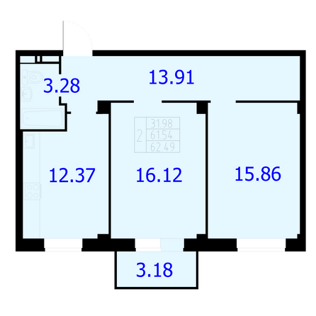 Планировка 2-комн 62,49 м²