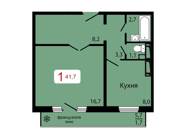 Планировка 2-комн 44,5 м²