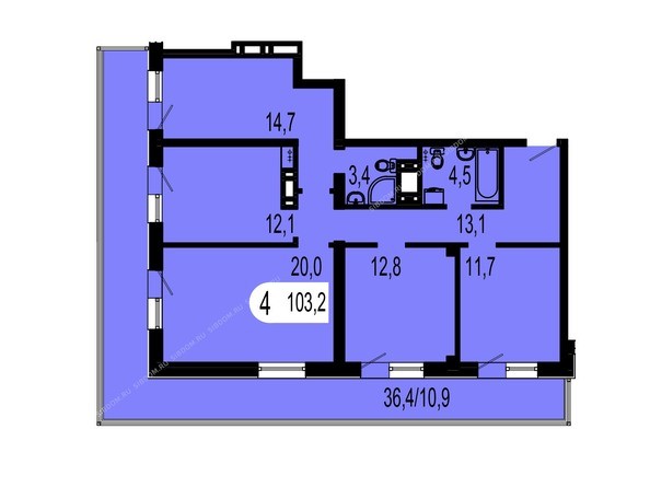 Планировка четырехкомнатной квартиры 103,2 кв.м