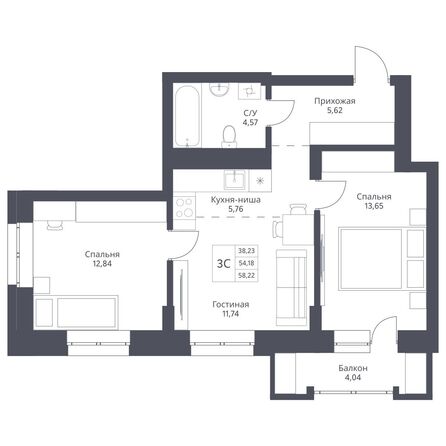 Планировка 3-комн 58,22 м²