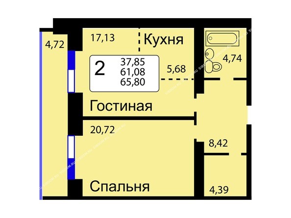 Б/С - 13. Планировка двухкомнатной квартиры 65,8 кв.м. Этажи 1-9.