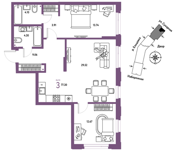 Планировка 3-комн 77,3 - 78,71 м²