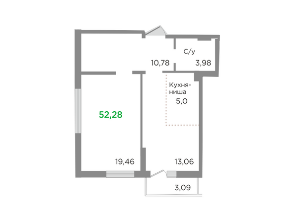 Планировка двухкомнатной квартиры 52,28 кв.м