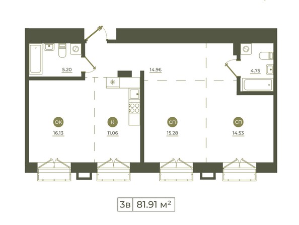 Планировка 3-комн 81,91 м²