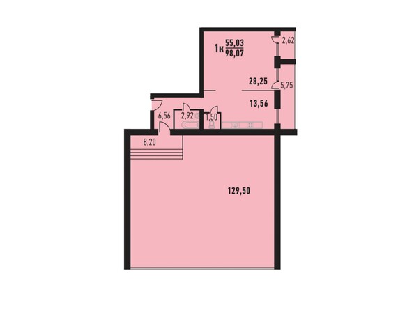 Планировка однокомнатной квартиры 98,07 кв.м