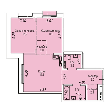 Планировка 2-комн 63,9 - 64,7 м²