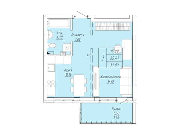 Планировка 1-комн 37,07 м²