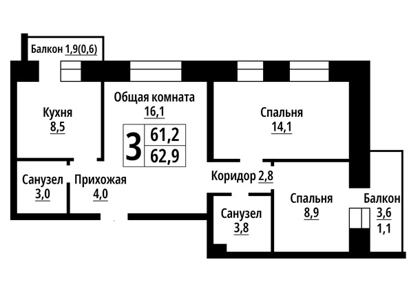 Планировка 3-комн 62,9 м²