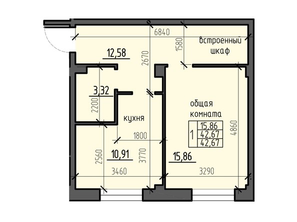 Планировка однокомнатной квартиры 42,67 кв.м