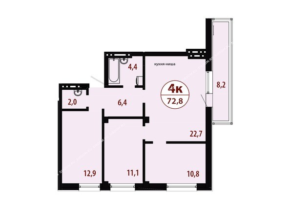 Секция 3. Планировка четырехкомнатной квартиры 72,8 кв.м
