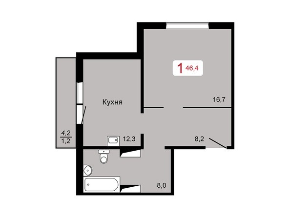 1-комнатная 46,4 кв.м