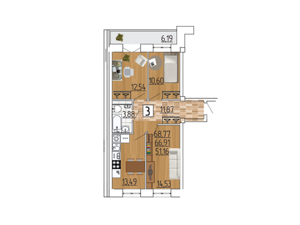 Планировка трехкомнатной квартиры 68,77 кв.м