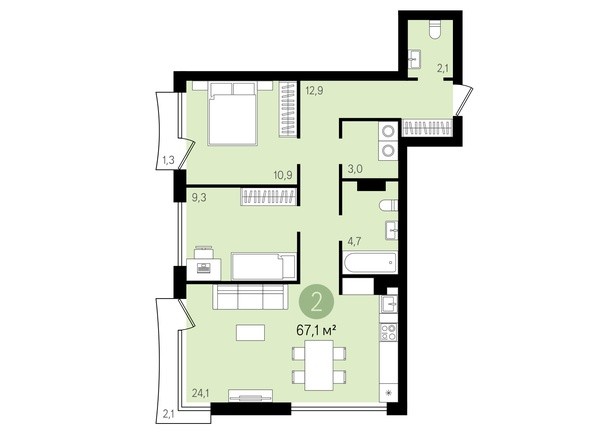 Планировка 2-комнатной квартиры 70,4 кв.м