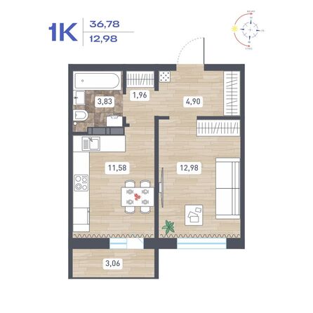 Планировка 1-комн 36,78, 36,83 м²