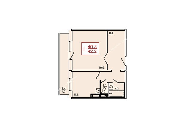 Планировка однокомнатной квартиры 42,2 кв.м. Этажи 2-9