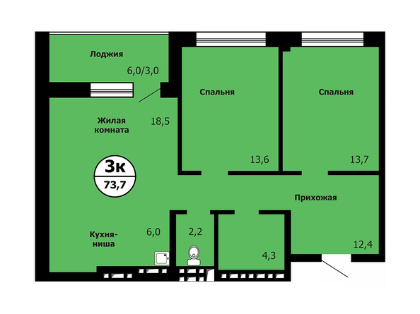 Типовая планировка 3-комнатной квартиры 73,7 кв.м