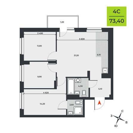 Планировка 4-комн 73,4 м²