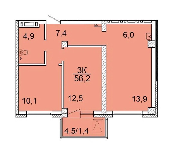 Планировка 3-комн 55,8 - 56,2 м²