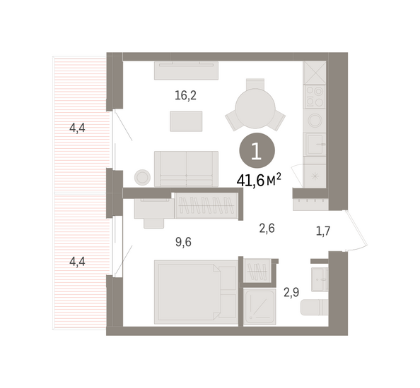 Планировка 1-комн 41,6 м²