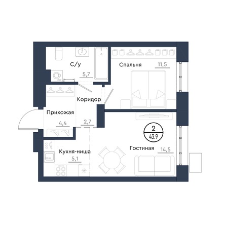 Планировка 2-комн 43,9 м²