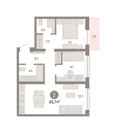 Планировка 2-комн 62,73, 62,74 м²