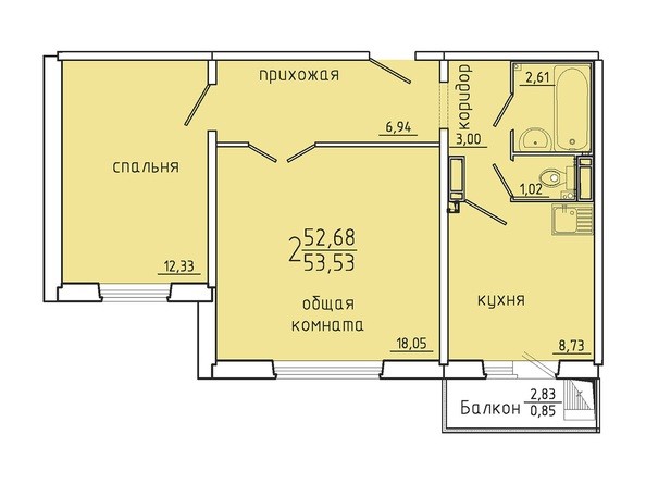 Планировка двухкомнатной квартиры 53,53 кв.м