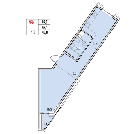 Планировка 1-комн 42,3, 43 м²