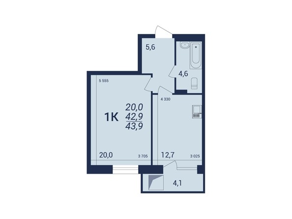Планировка 1-комнатной квартиры 43,9 кв.м