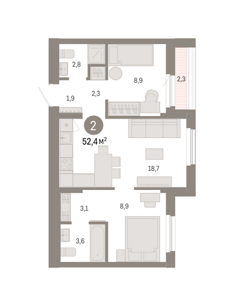 Планировка 2-комн 52,35 м²