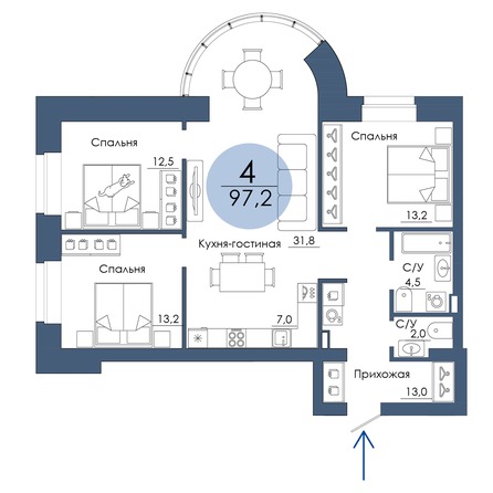 Планировка 4-комн 97,2 м²