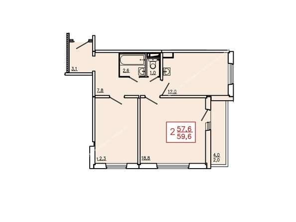 Планировка двухкомнатной квартиры 59,6 кв.м. Этажи 2-9