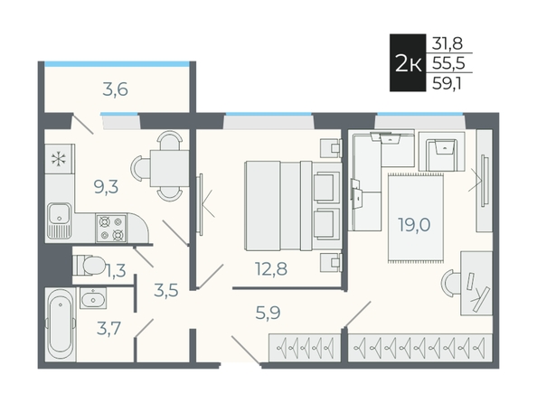 Планировка 2-комн 55,5, 59,1 м²