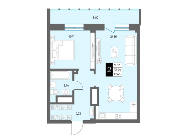 Планировка 2-комн 47,45 м²