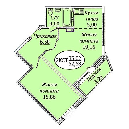 Планировка 2-комн 52,58, 52,86 м²