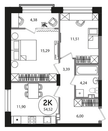 Планировка 2-комн 54,52 м²