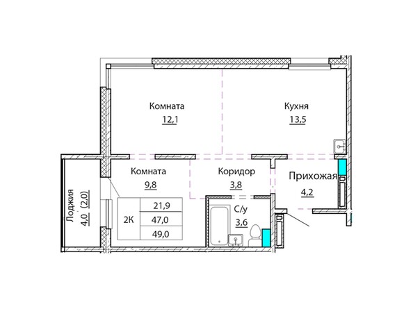 Планировка двухкомнатной квартиры 49 кв.м