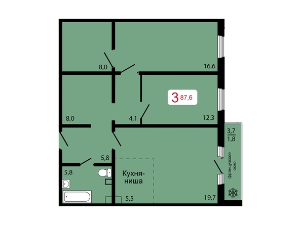 Планировка 3-комн 87,6 м²