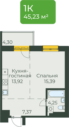 Планировка 1-комн 45,23 м²