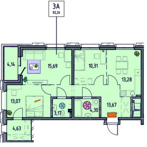 Планировка 3-комн 81,17 - 82,26 м²