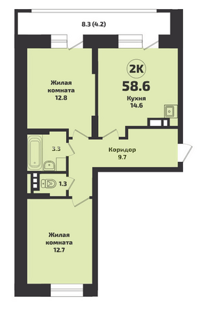 Планировка 2-комн 58,6 м²