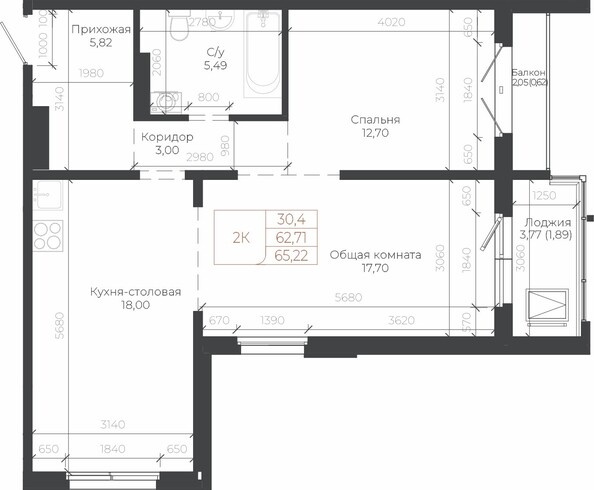 Планировка 2-комн 65,22 м²