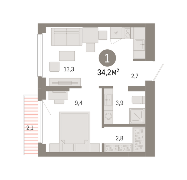 Планировка 1-комн 34,2 м²